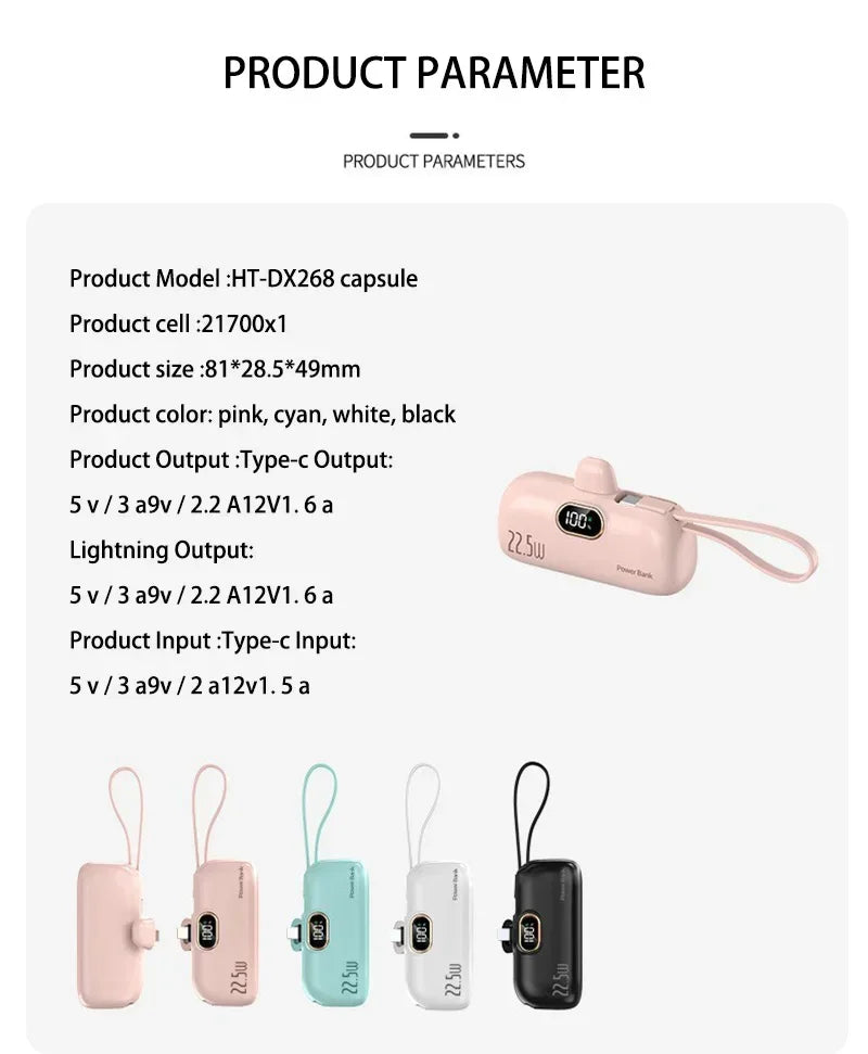 30000mAh Capsule Power Bank Fast Charging Portable Mobile Power Supply Emergency Mini External Battery For Type-C iPhone Android