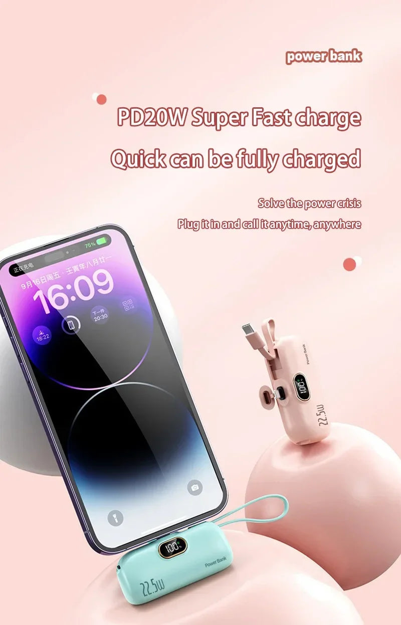 30000mAh Capsule Power Bank Fast Charging Portable Mobile Power Supply Emergency Mini External Battery For Type-C iPhone Android