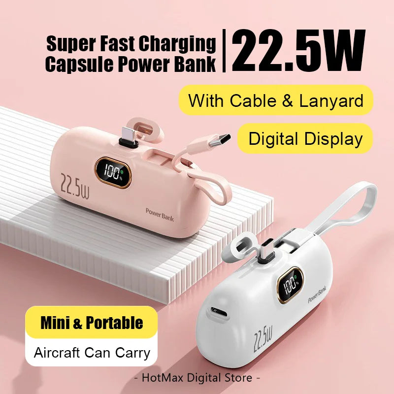 30000mAh Capsule Power Bank Fast Charging Portable Mobile Power Supply Emergency Mini External Battery For Type-C iPhone Android